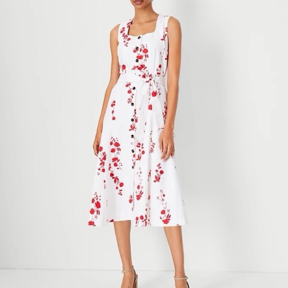 ANN TAYLOR Floral Button Flare Dress In White Size 8